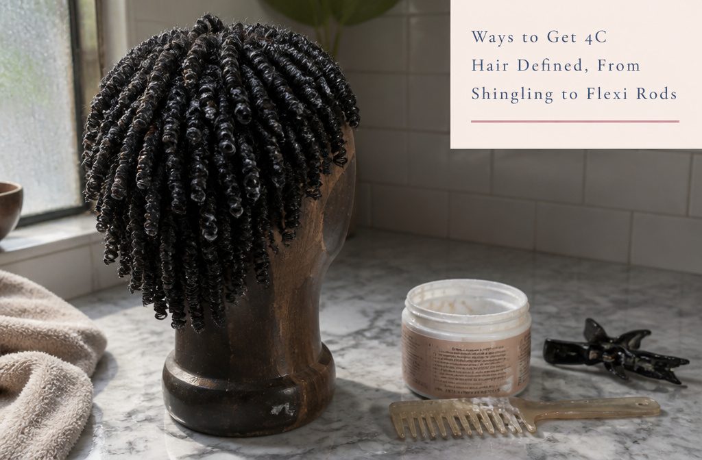 4C coils styled in several defined curl patterns across natural hair