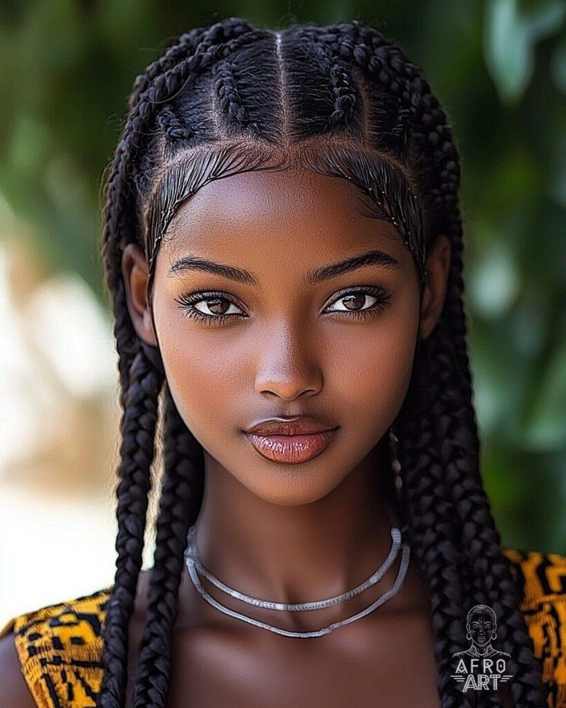 Woman with long center-parted braids and laid edges wearing a patterned top
