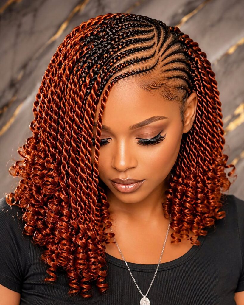 Woman with black cornrows transitioning into glossy copper-red twists with curled ends