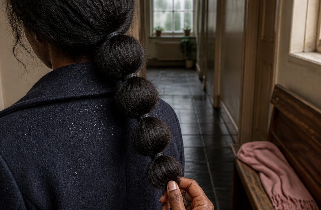 Bubble braid ponytail with rounded sections separated by hair elastics