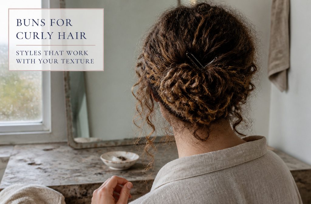 Curly hair gathered into a pinned bun with loose strands framing the face
