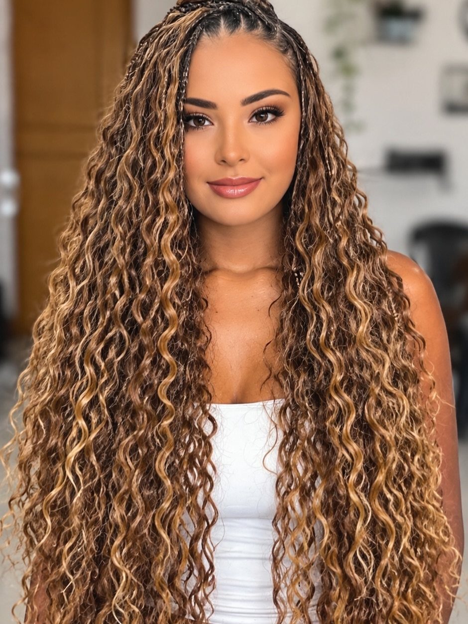 Woman wearing long wavy crochet braids with narrow braids along the crown