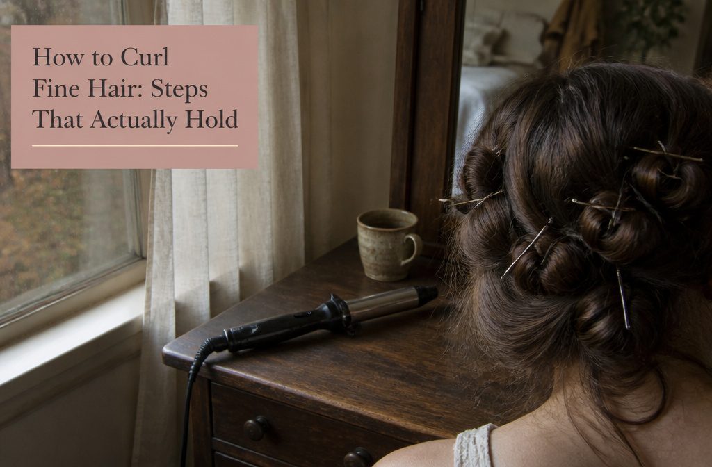 Fine hair wrapped around a small curling iron beside loose finished curls