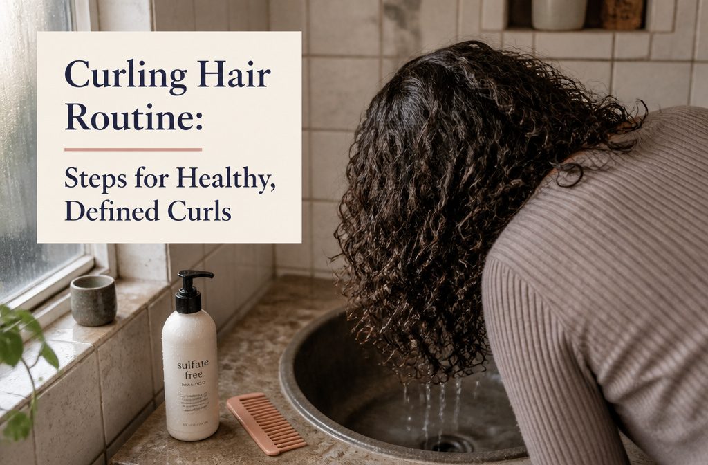 Defined curls beside a wide-tooth comb and hair care products