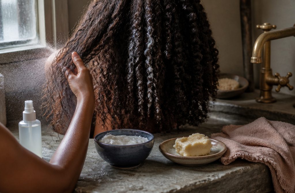 Defined curls arranged beside hair care products and a microfiber towel