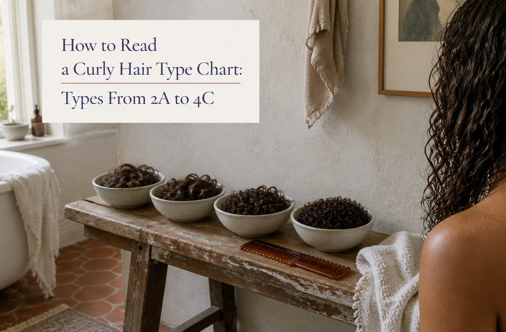 Curly hair chart showing wave, curl, and coil patterns from 2A to 4C