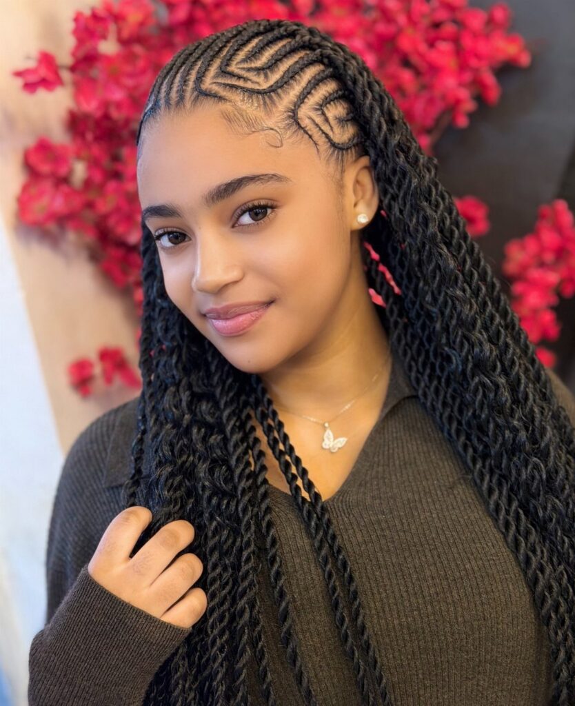 Young woman showing long black cornrow braids with curved scalp patterns