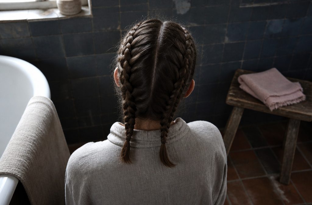 Brown hair arranged in two French braids down the back of the head