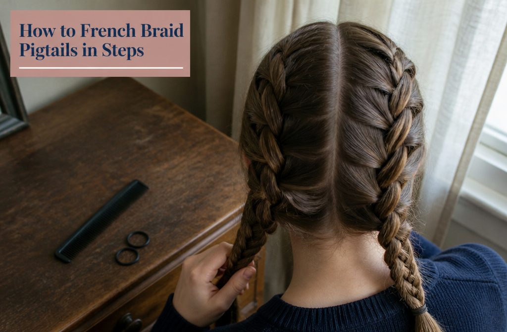 Dark brown hair styled into matching French braid pigtails on both sides