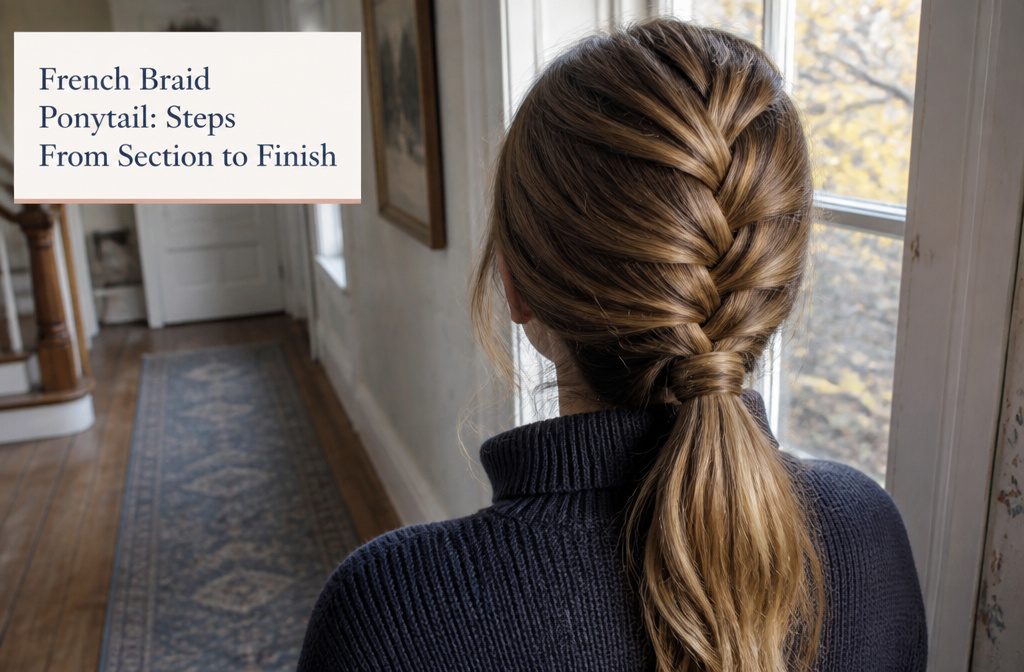 French braid starting at the crown and joining a gathered ponytail