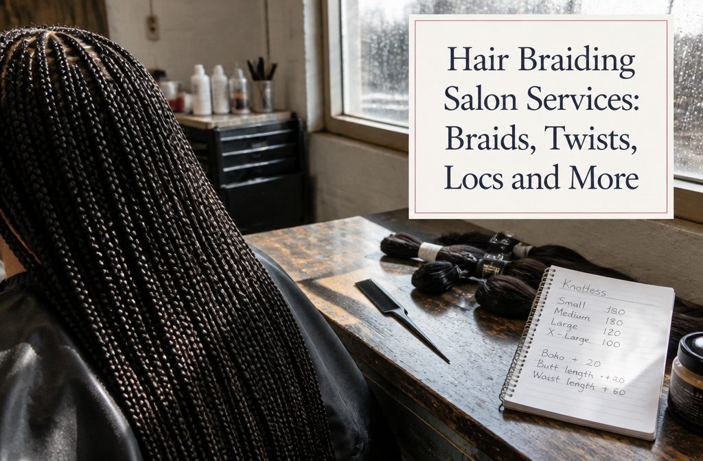 Stylist working on client hair inside a bright braiding salon