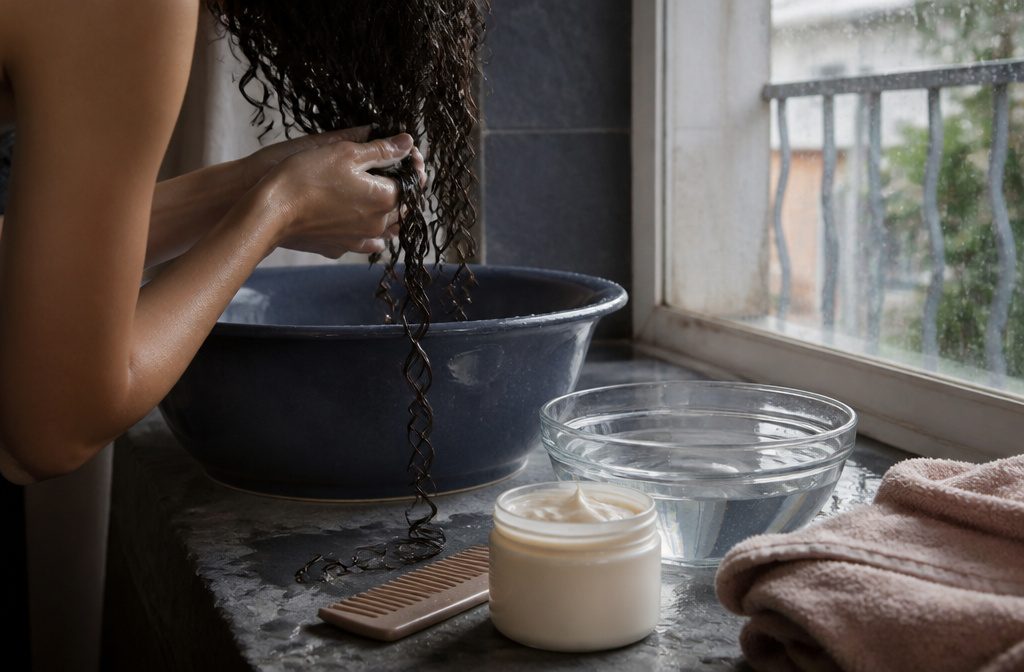 Curly hair arranged beside products and tools for washing styling drying and maintenance