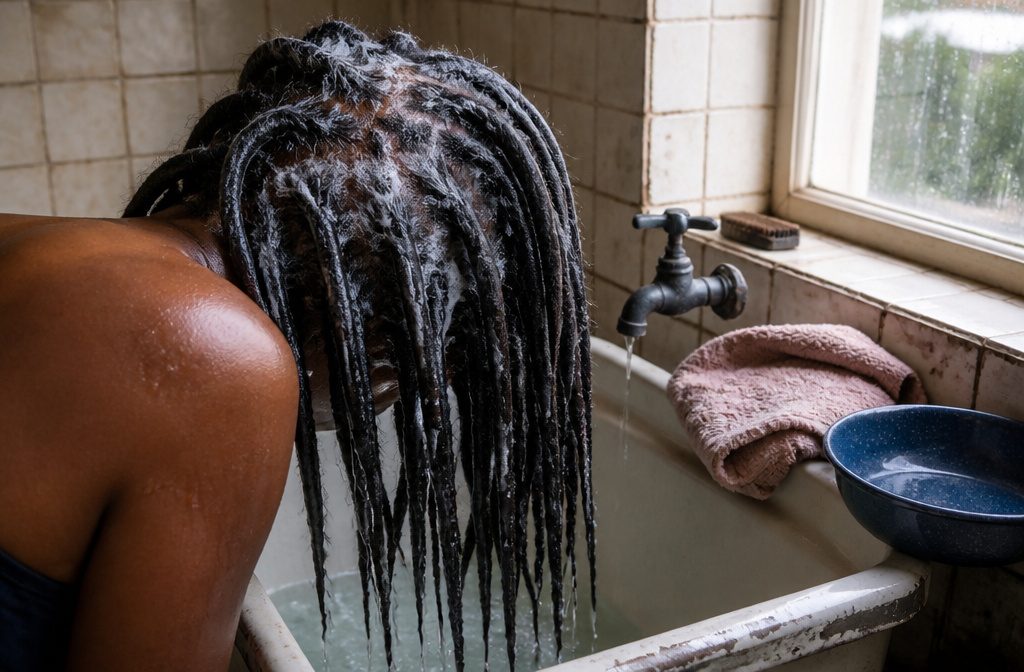 Long distinct rope-like locs hanging down against a simple background