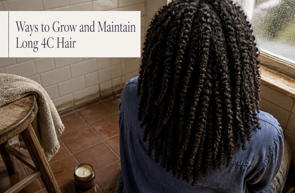 Woman with naturally coiled hair gathered loosely at the crown