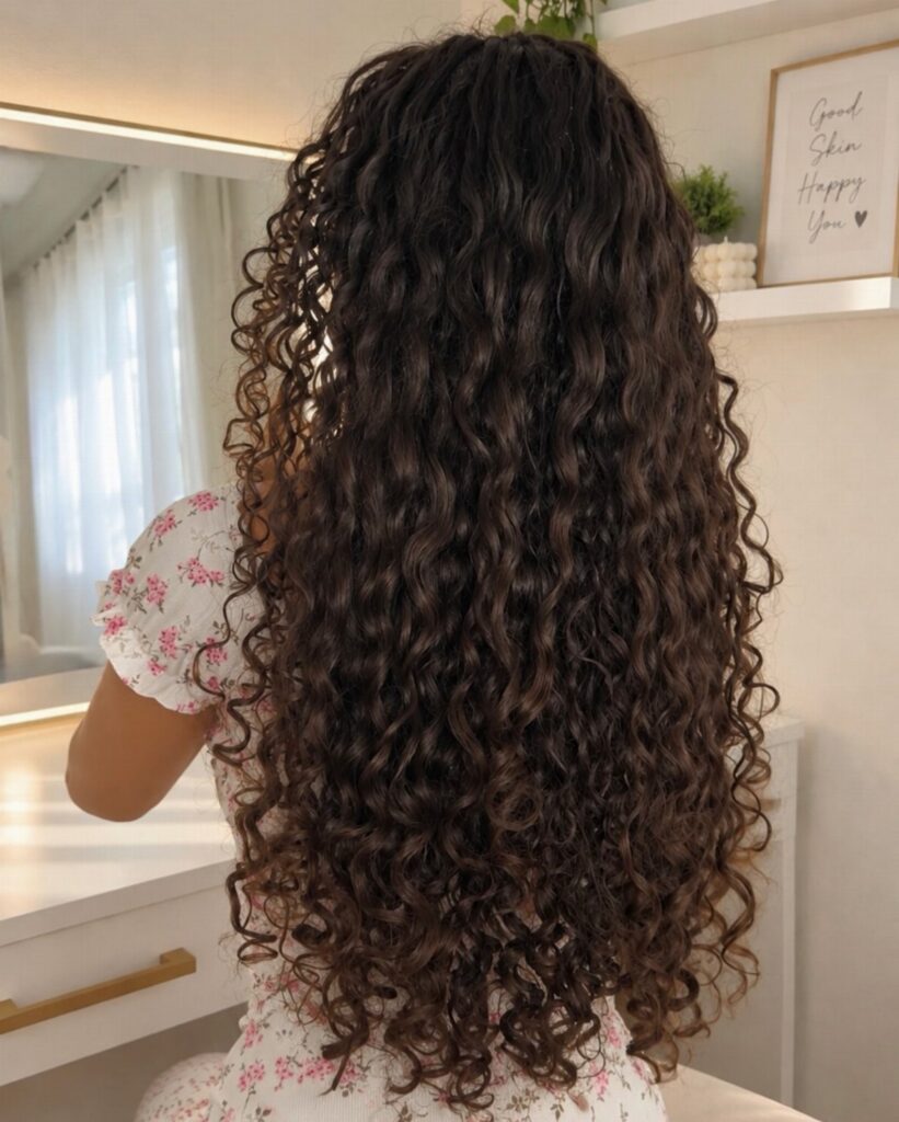 Long dark curls cascade down a person's back over a floral top