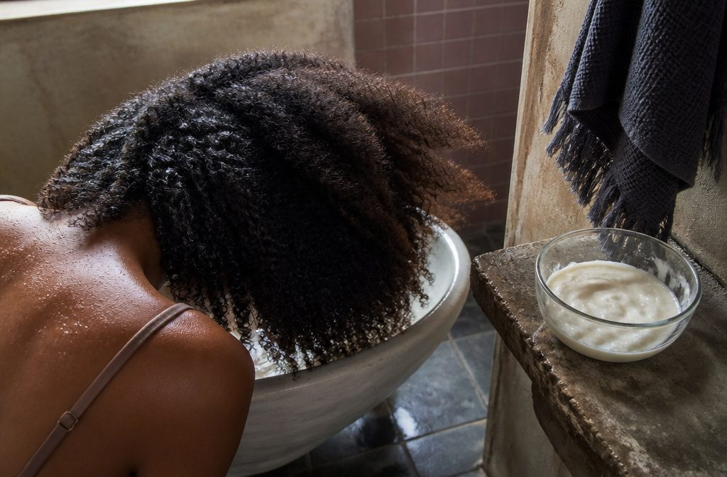 Natural curls beside shampoo, conditioner, a wide-tooth comb, and a soft towel