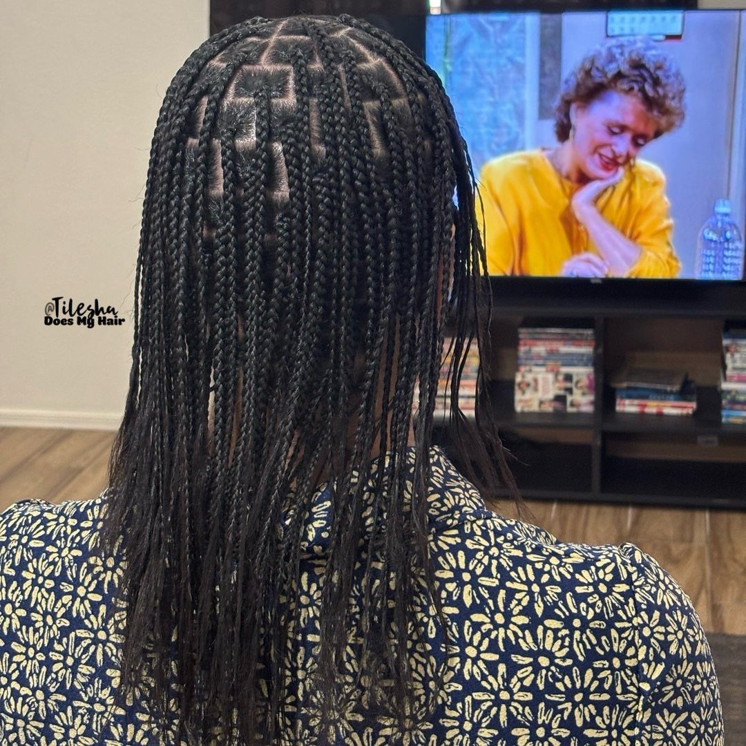 Long black braids arranged in neat rows down a person's back