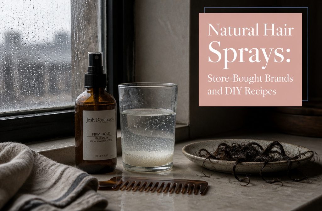 Natural hair spray bottles beside simple ingredients on a beauty counter
