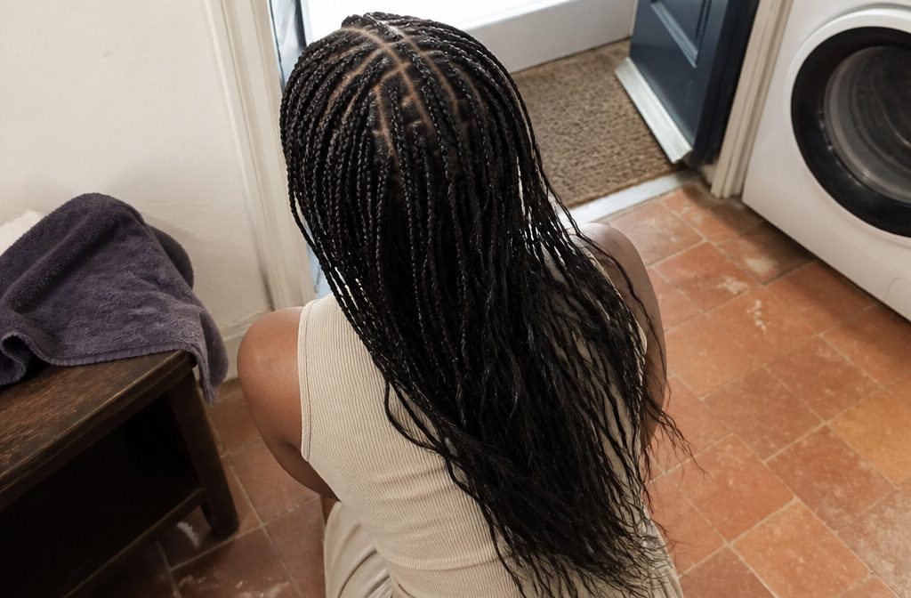 Pick-and-drop braids with small braided roots and loose hair hanging below