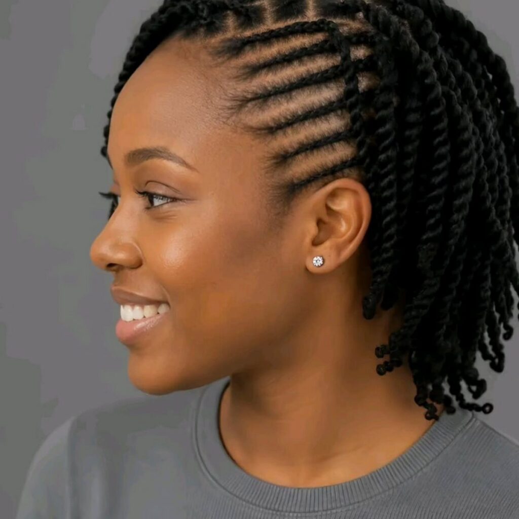 Woman with natural hair styled in neat scalp twists and longer twists