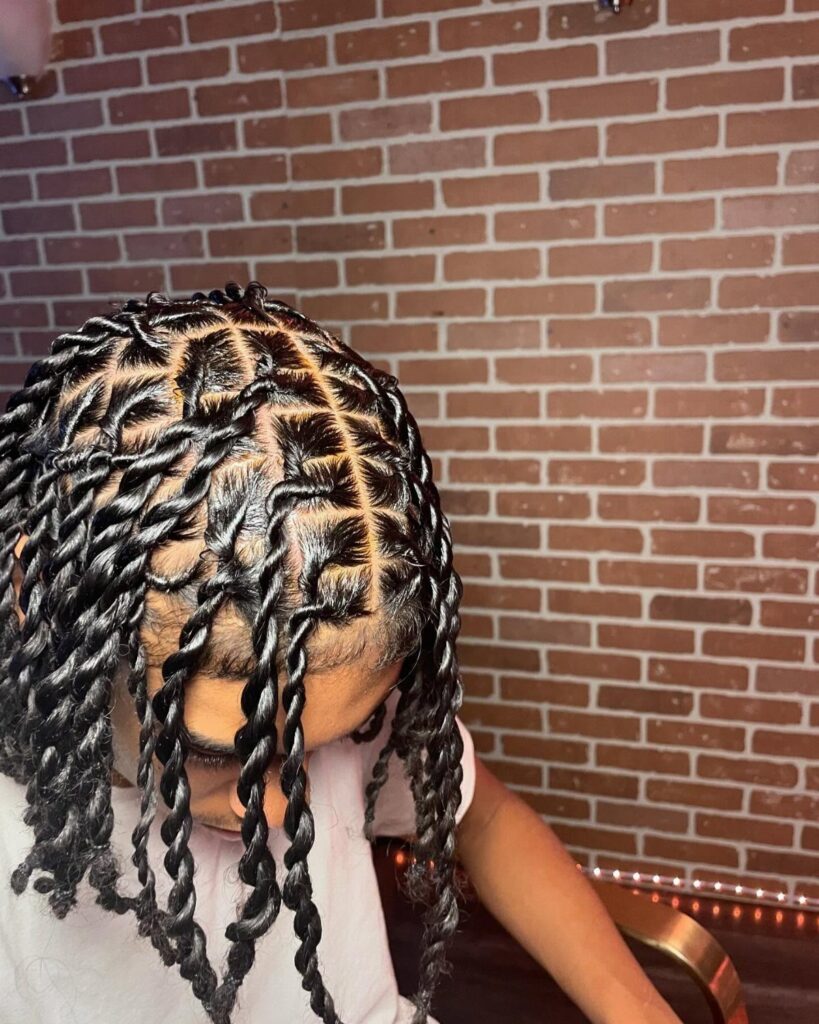 Black two-strand twists hang forward, showing clean square parting at the scalp