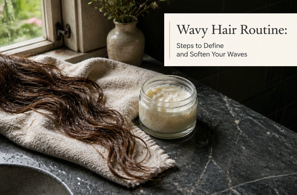 Wavy hair beside shampoo conditioner styling products and a microfiber towel